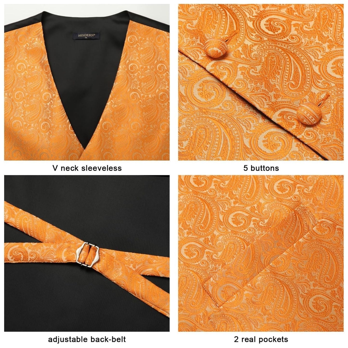 Hisdern Men's Orange Paisley Vest Tie Set For Weddings Anniversary