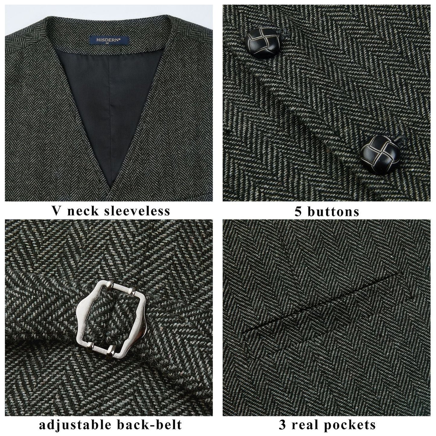 Hisdern Men's Herringbone Tweed Vest Dark Grey Casual Winter Layering