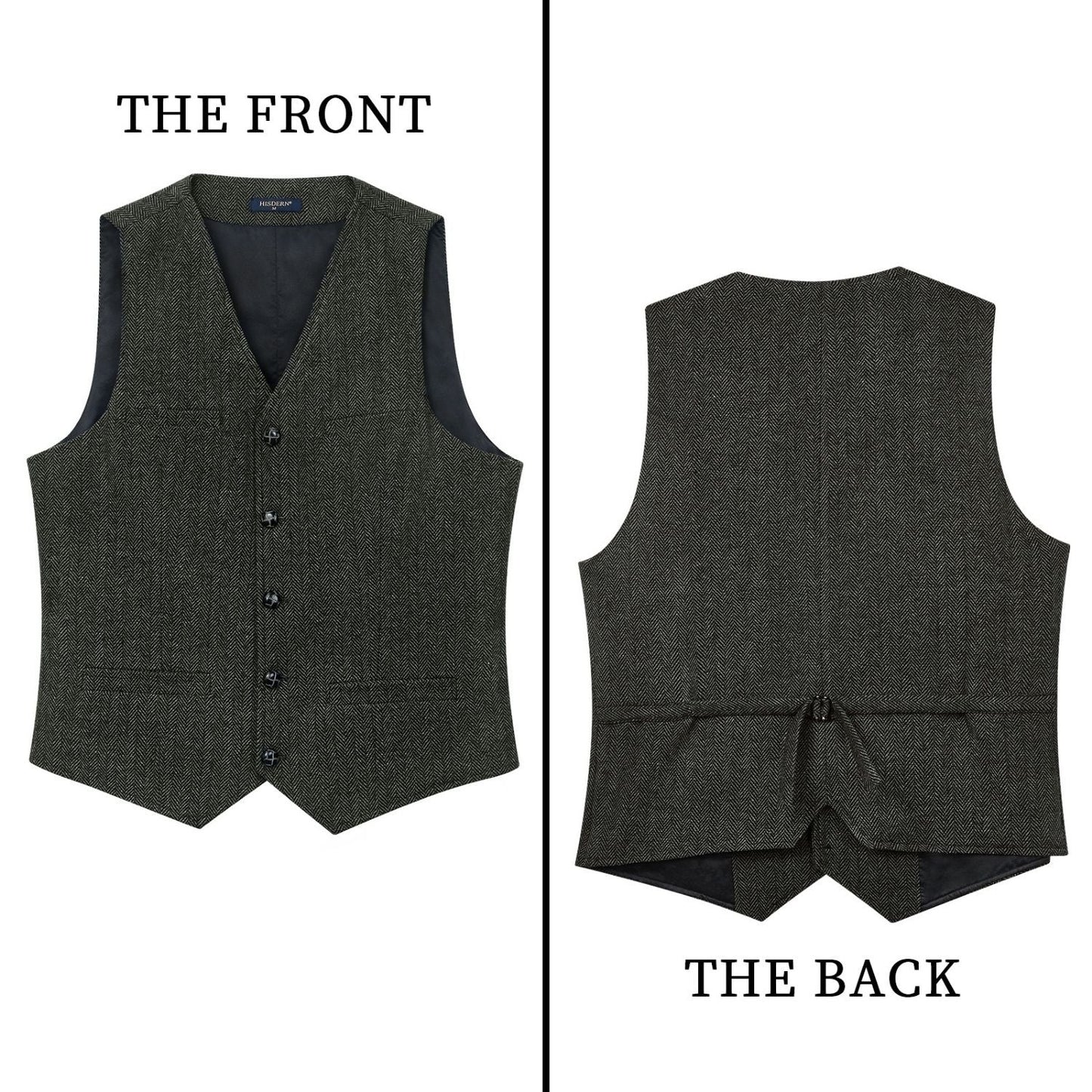 Hisdern Men's Herringbone Tweed Vest Dark Grey Casual Winter Layering