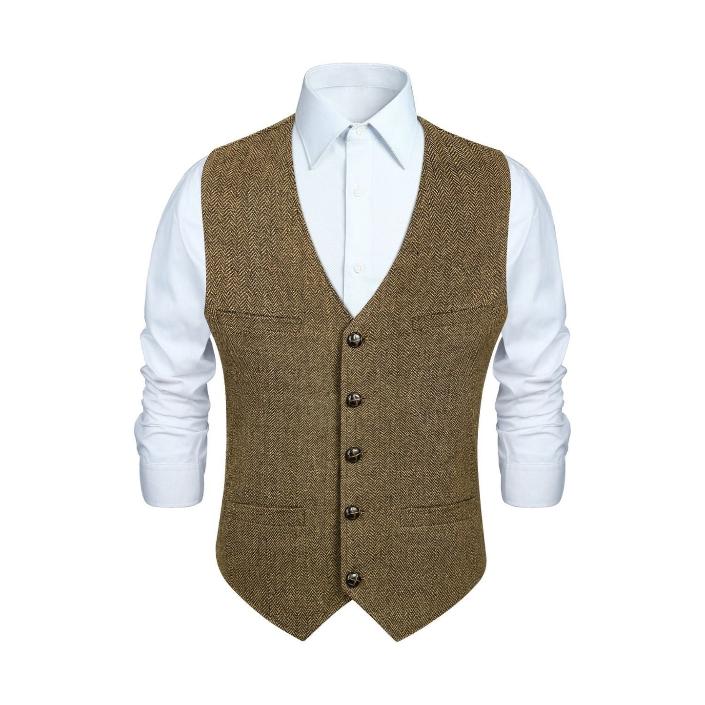 Hisdern Men's Herringbone Tweed Vest Brown Casual Winter Layering