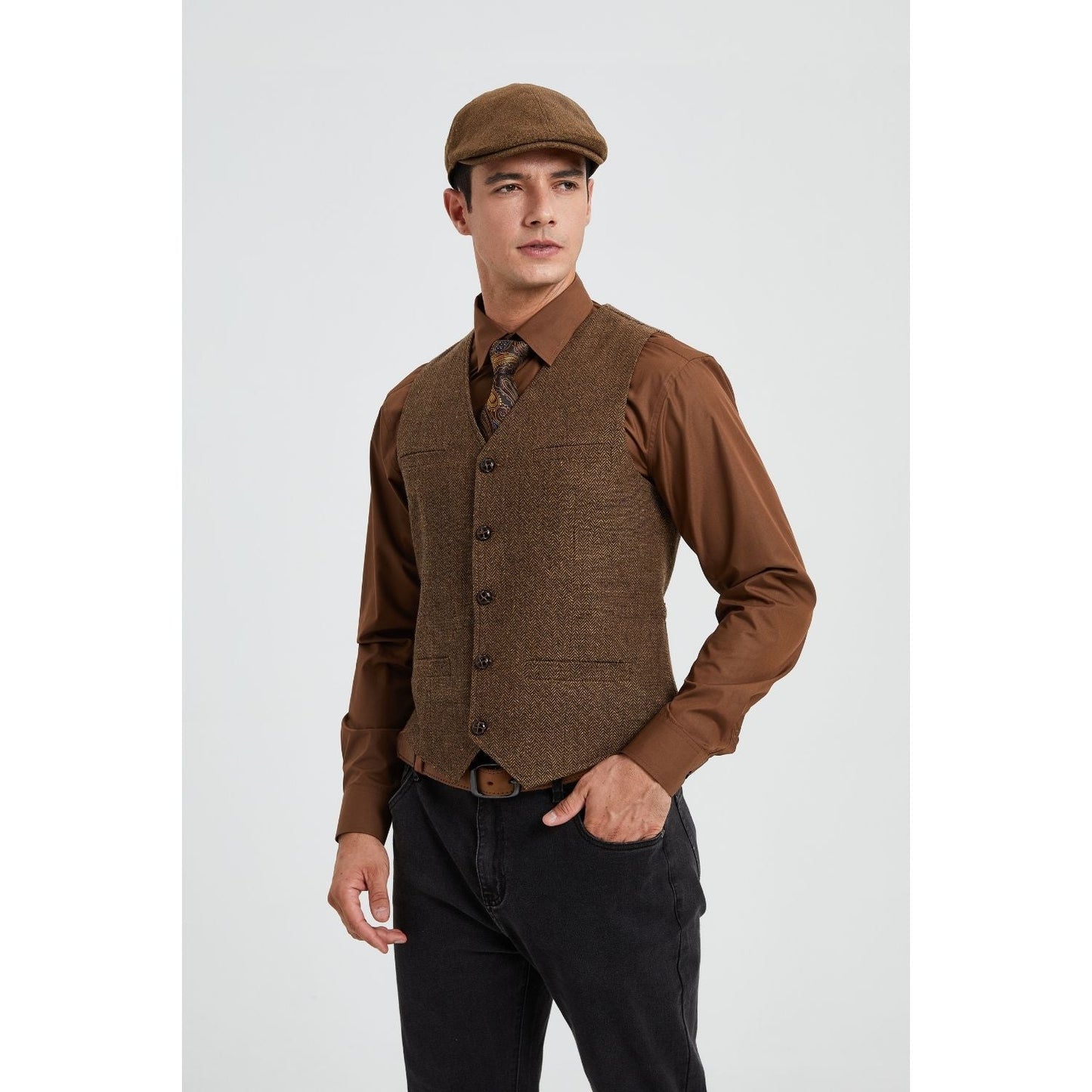 Hisdern Men's Herringbone Tweed Vest Brown Casual Winter Layering