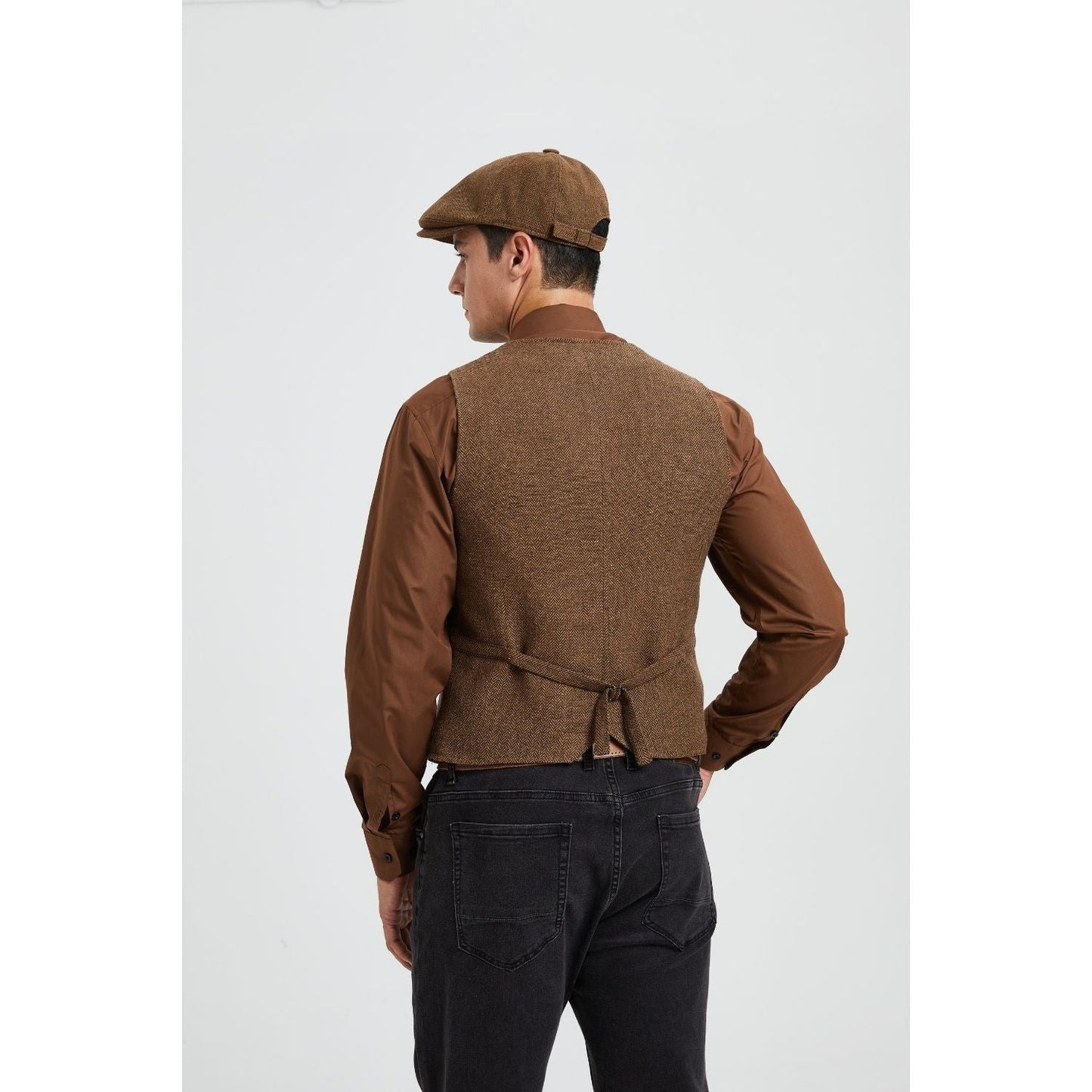Hisdern Men's Herringbone Tweed Vest Brown Casual Winter Layering