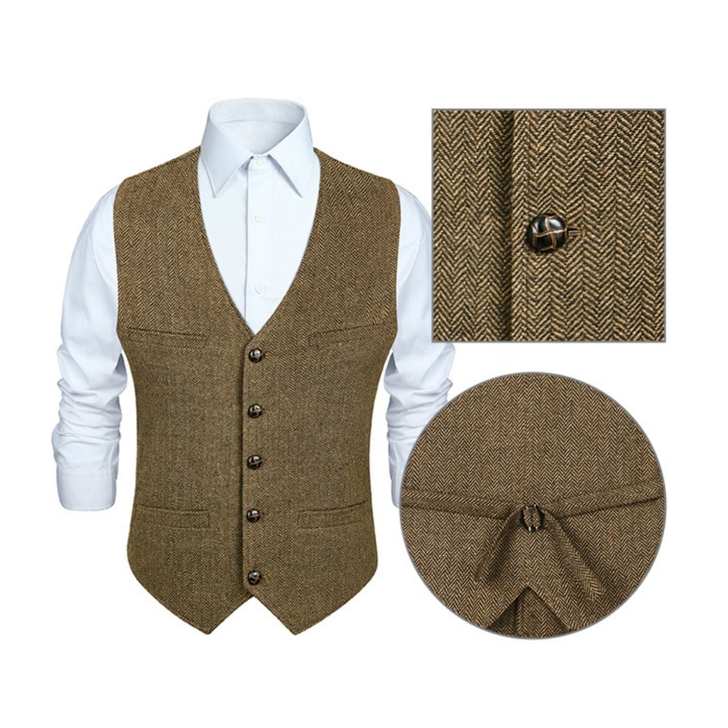 Hisdern Men's Herringbone Tweed Vest Brown Casual Winter Layering