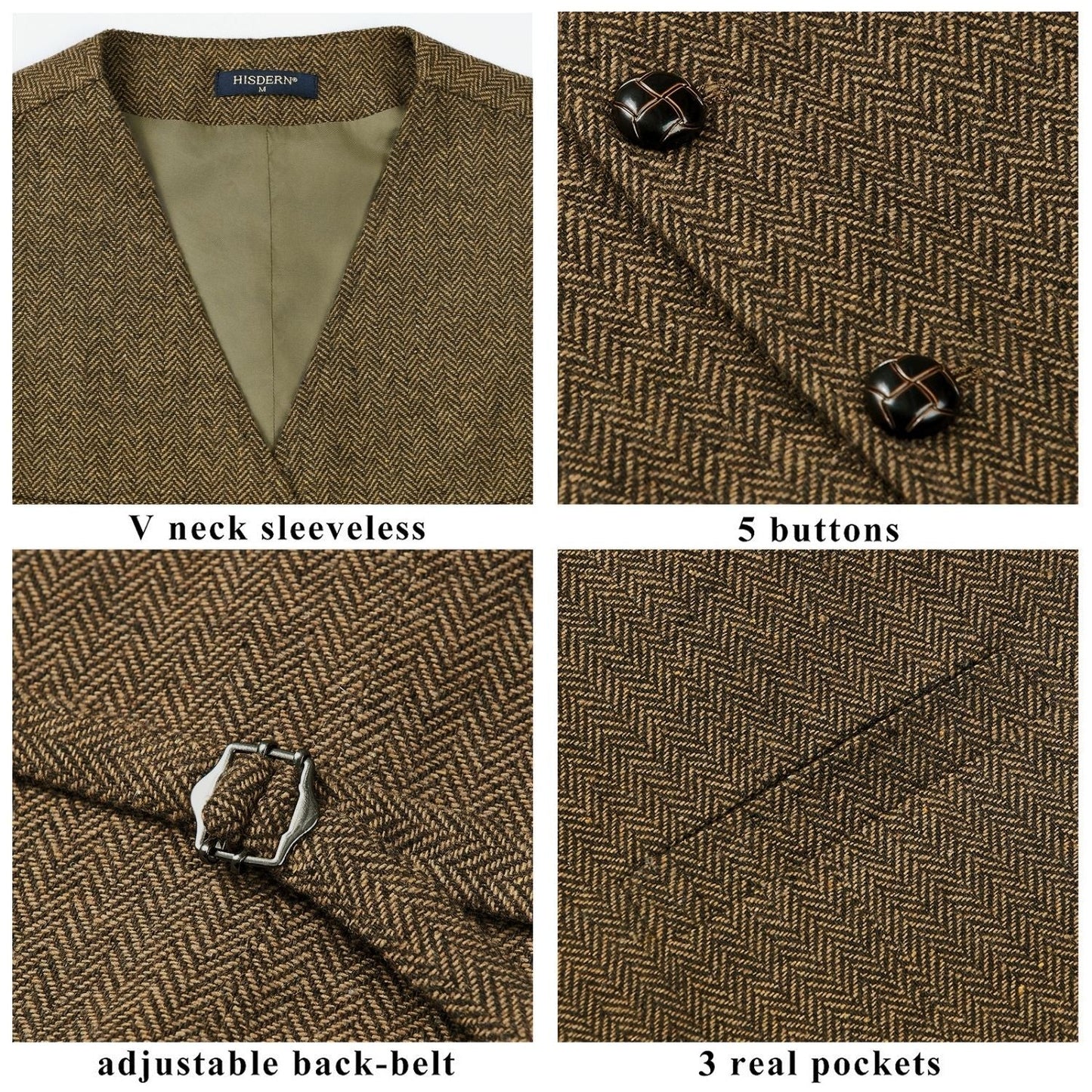 Hisdern Men's Herringbone Tweed Vest Brown Casual Winter Layering