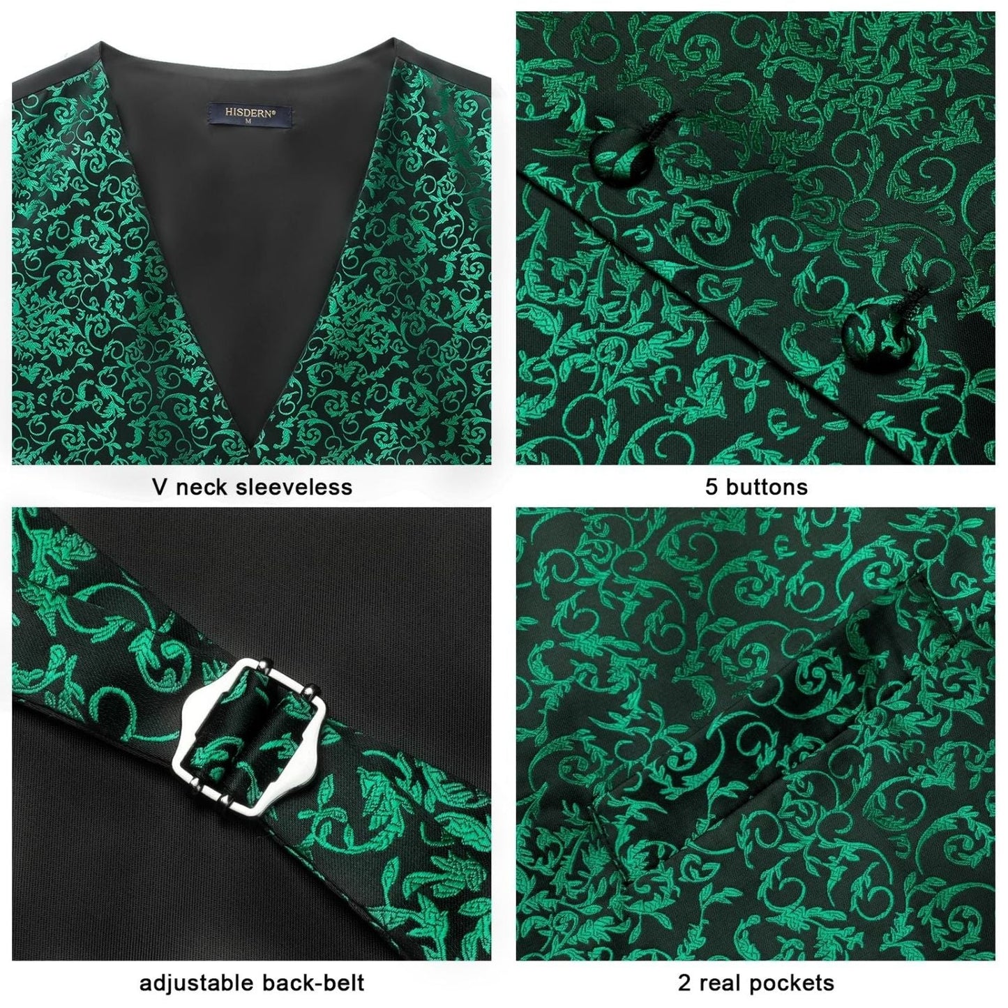 Hisdern Men's Green Floral Vest Tie Set For Weddings
