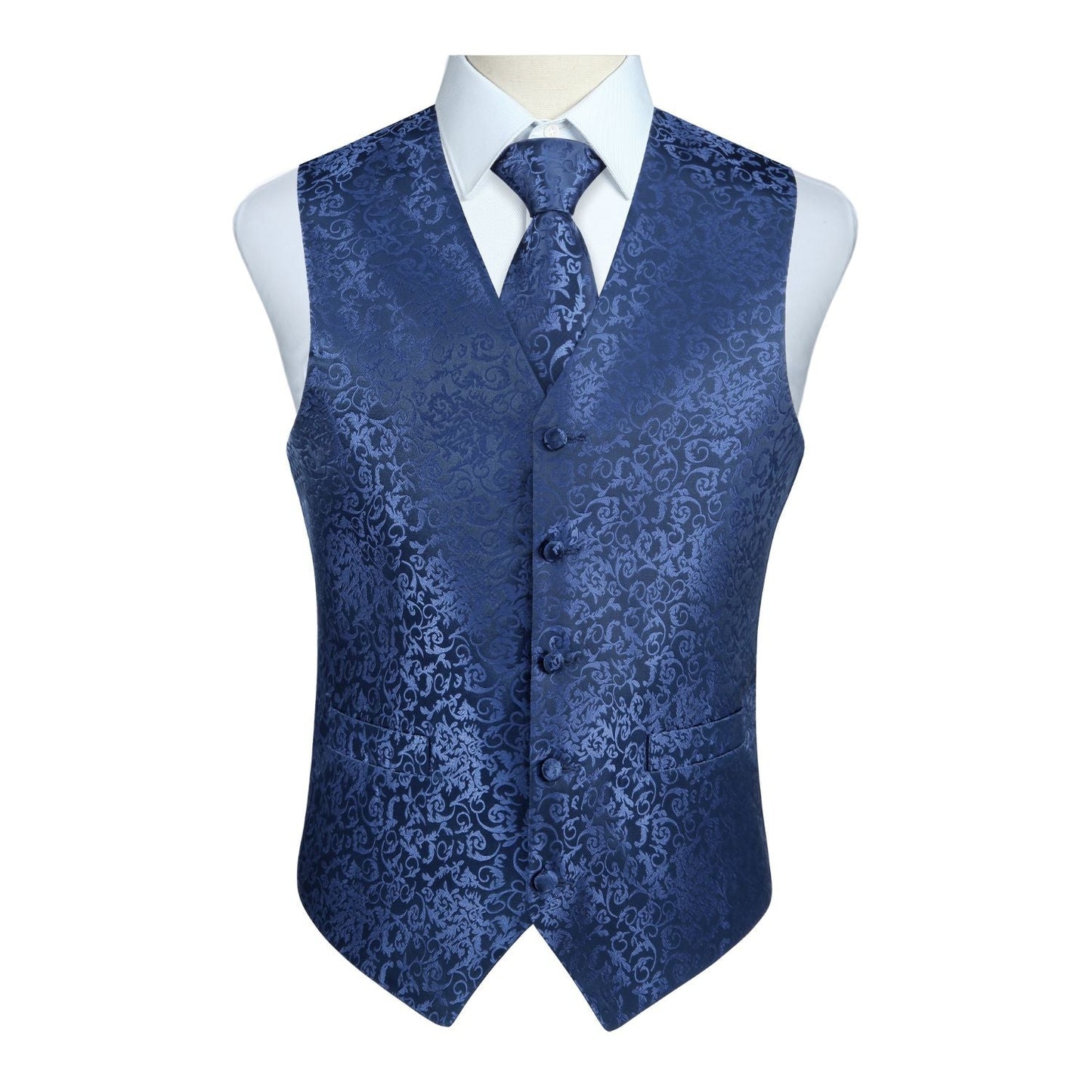 Hisdern Navy Blue Paisley Silk-Lined Dress Vest Tie Set For Weddings