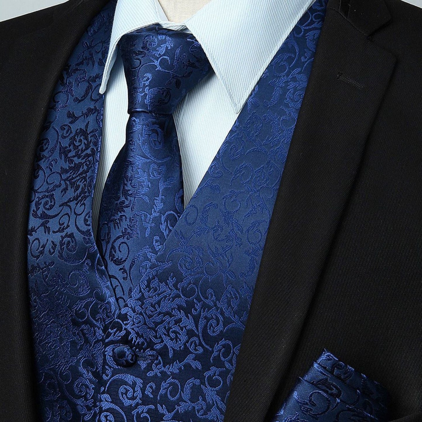 Hisdern Navy Blue Paisley Silk-Lined Dress Vest Tie Set For Weddings