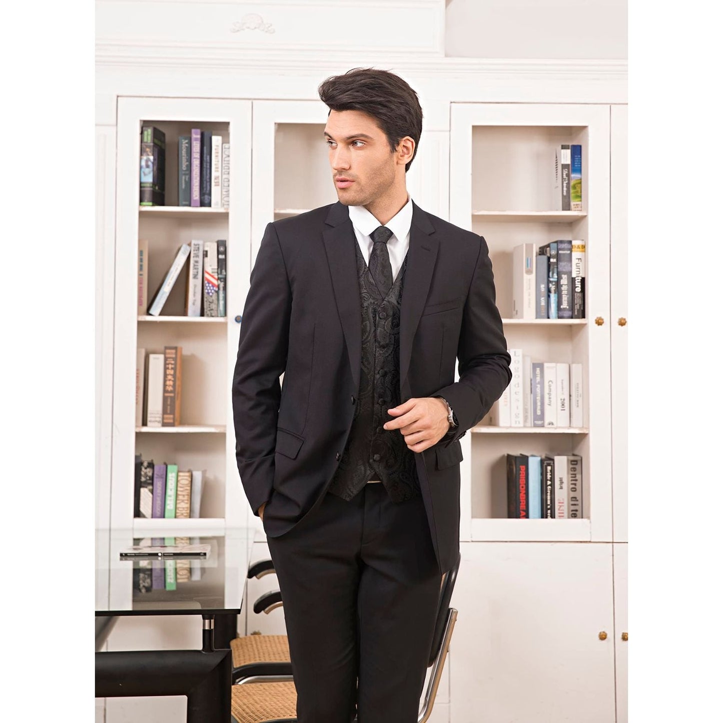Hisdern Men's Black Paisley Vest Tie Set For Weddings