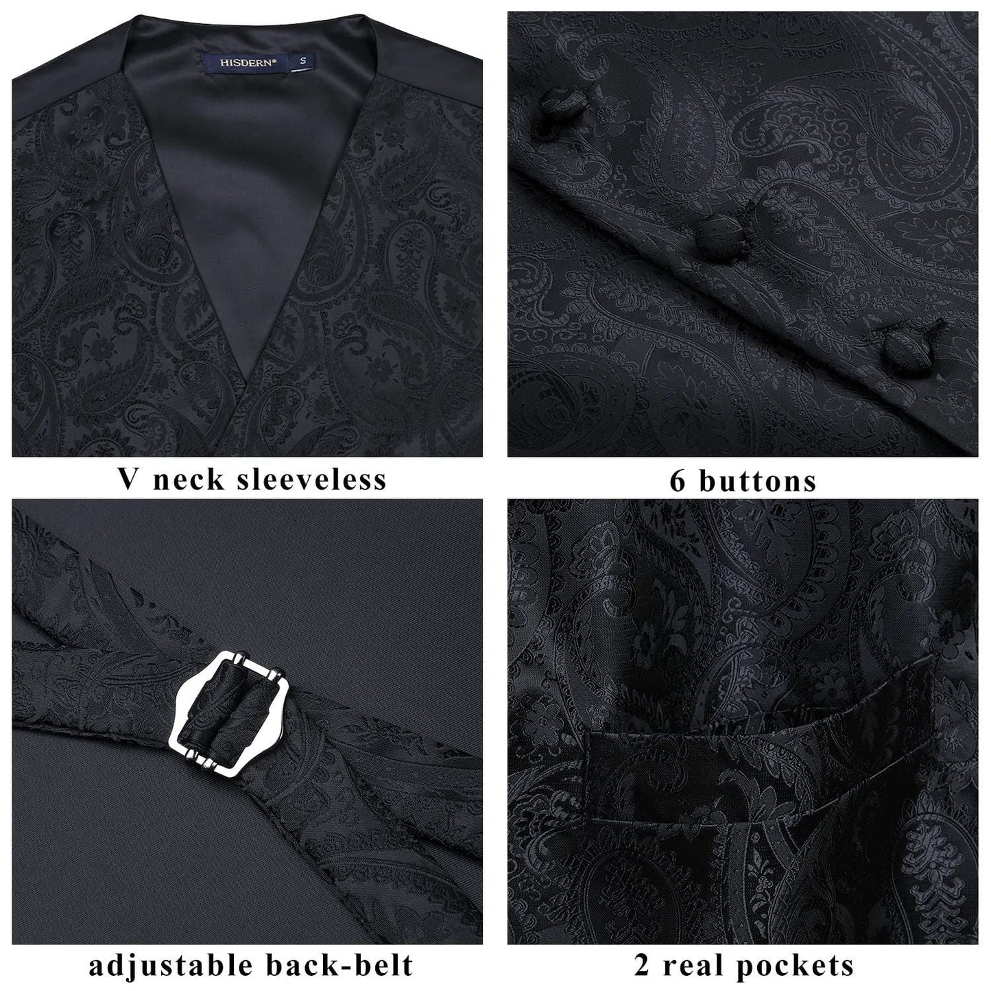 Hisdern Men's Black Paisley Vest Tie Set For Weddings