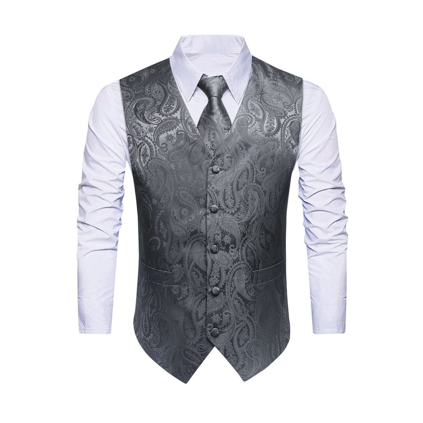 Hisdern Men's Grey Paisley Vest Tie Set For Weddings Anniversary