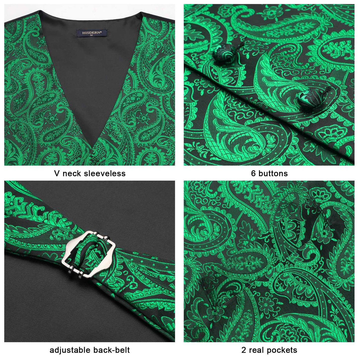 Hisdern Men's Green Paisley Suit Vest Tie Set Formal Wear