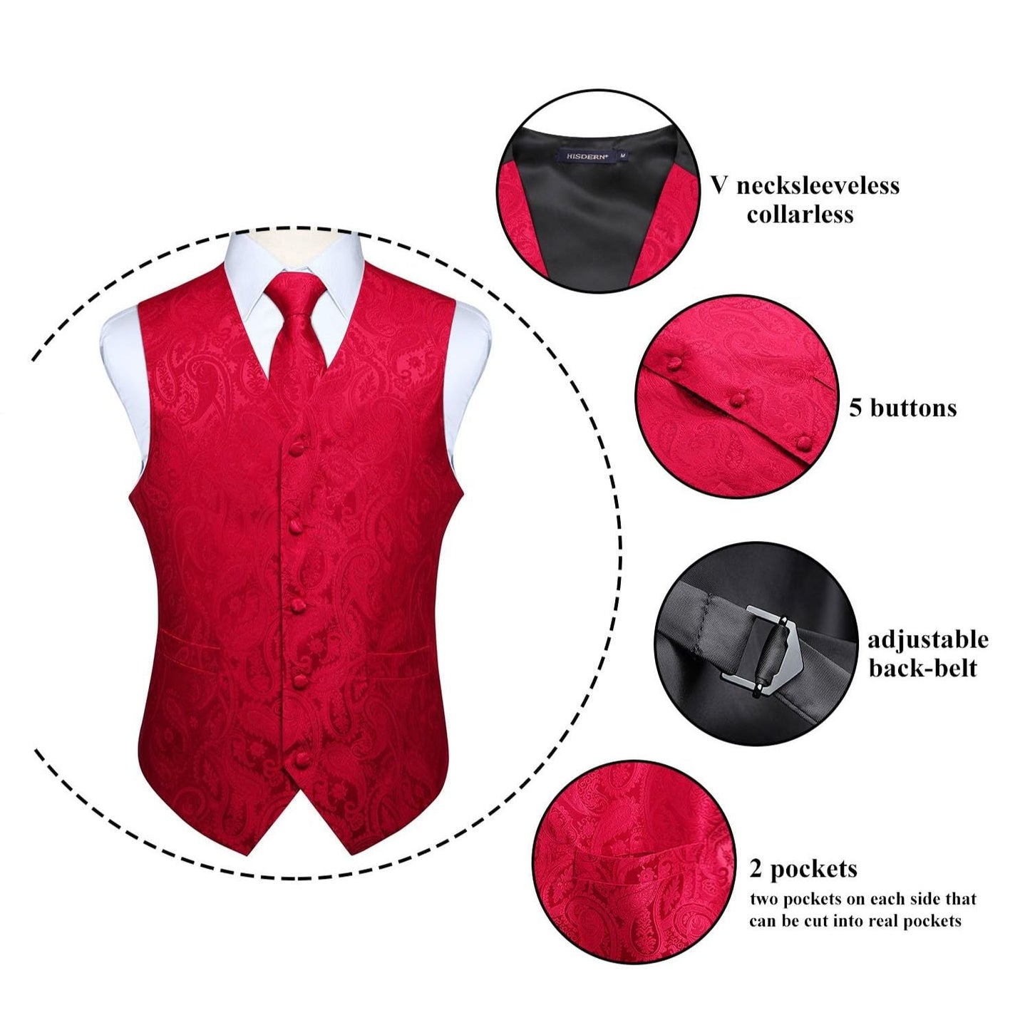 Hisdern Red Tailored Slim Fit Silk-Lined Dress Vest for Weddings & Tuxedo Pairing