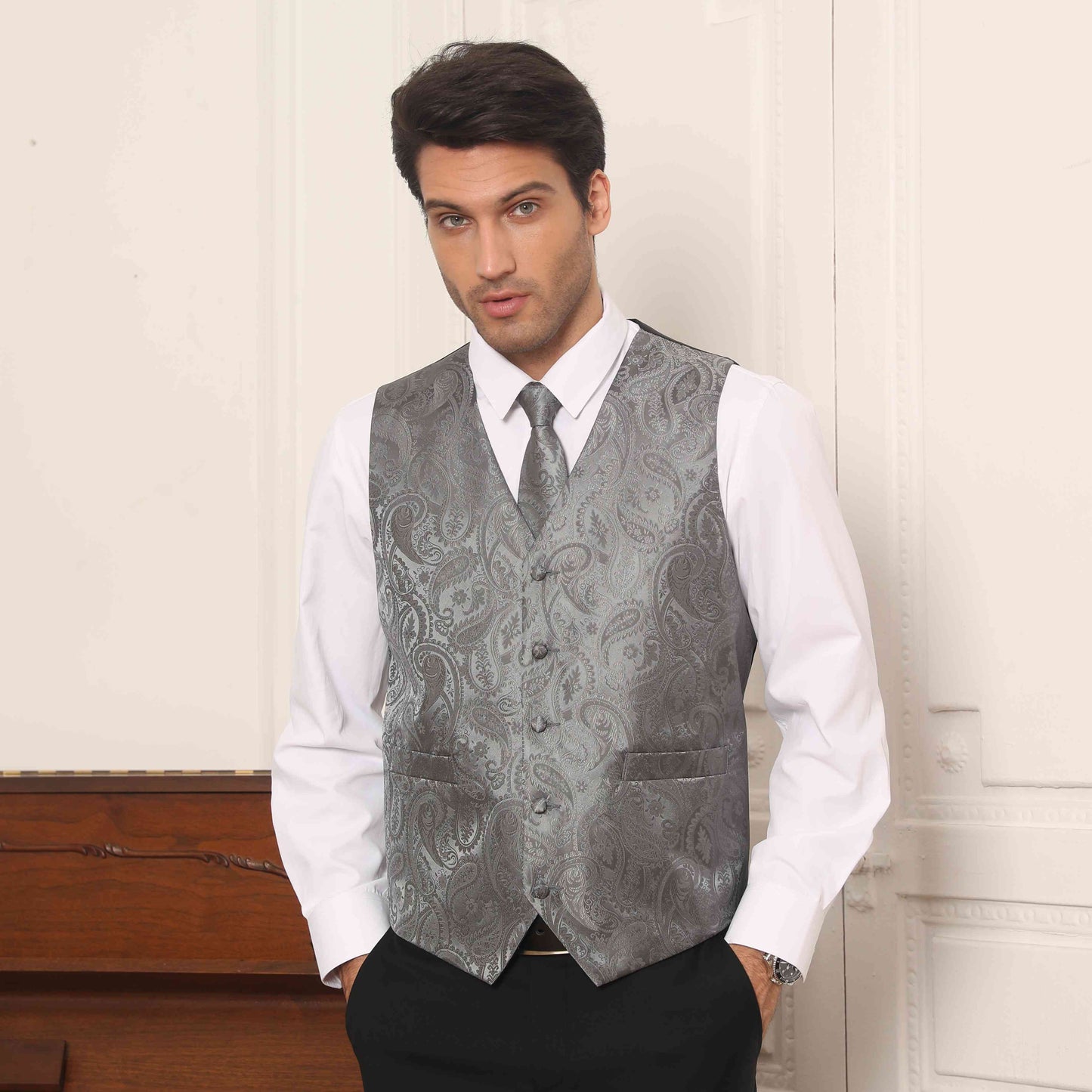 Hisdern Men's Grey Paisley Vest Tie Set For Weddings Anniversary