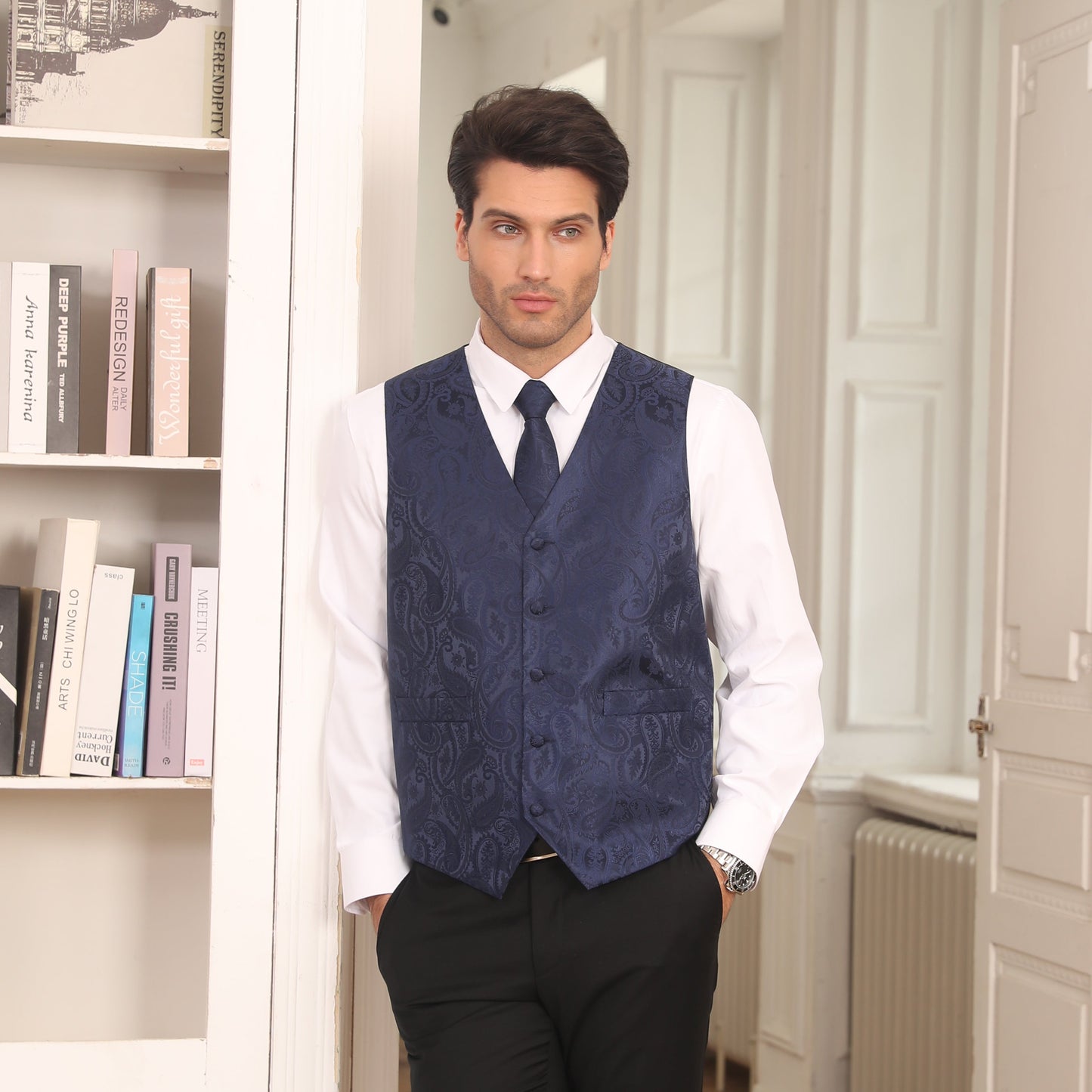 Hisdern Men's Navy Blue Paisley Vest Tie Set For Weddings Anniversary