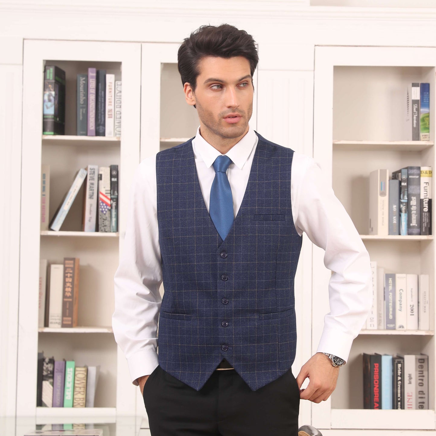 Hisdern Men's Blue Plaid Wedding Vest For Skinny Guys