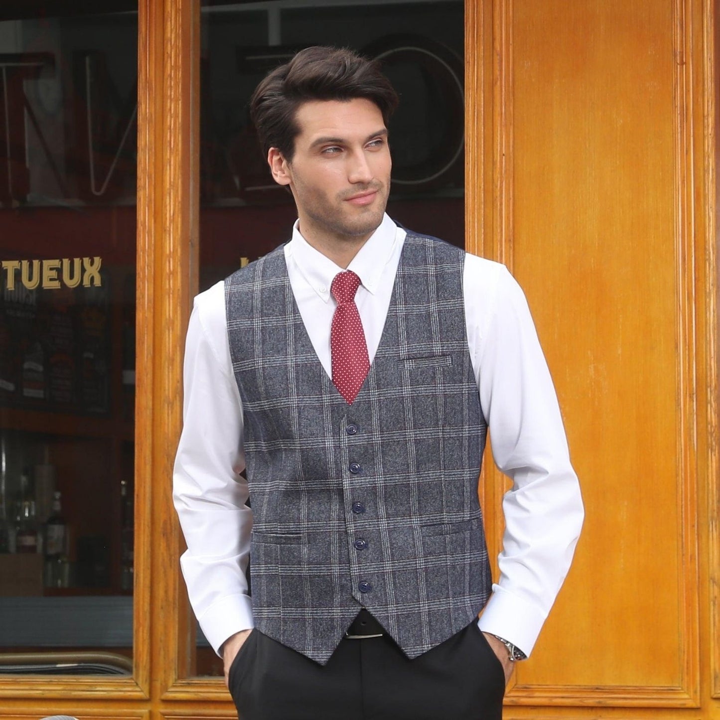 Hisdern Men's Blue Grey Plaid Wedding Vest For Skinny Guys