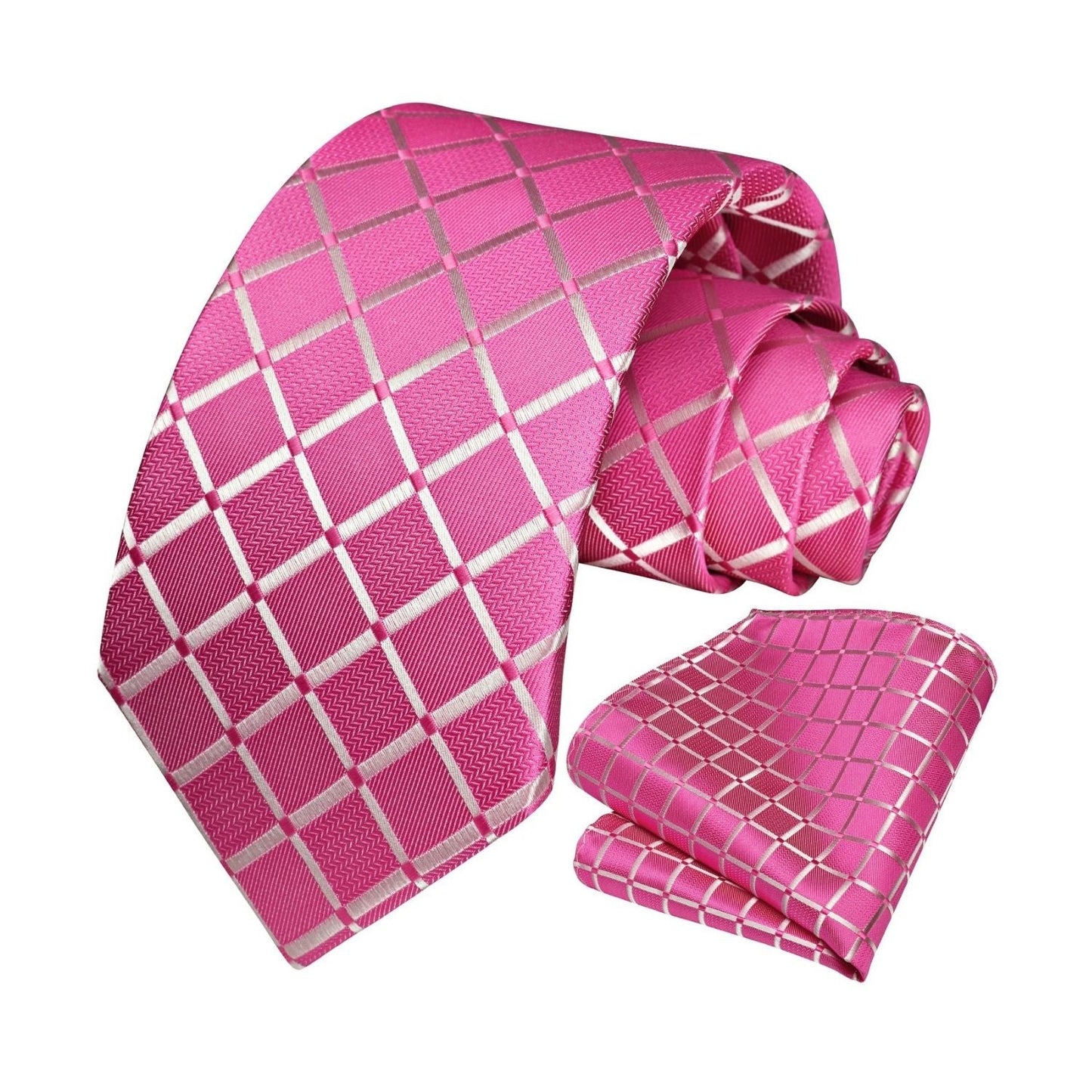 Hisdern Pink Plaid Pocket Square With Matching Tie