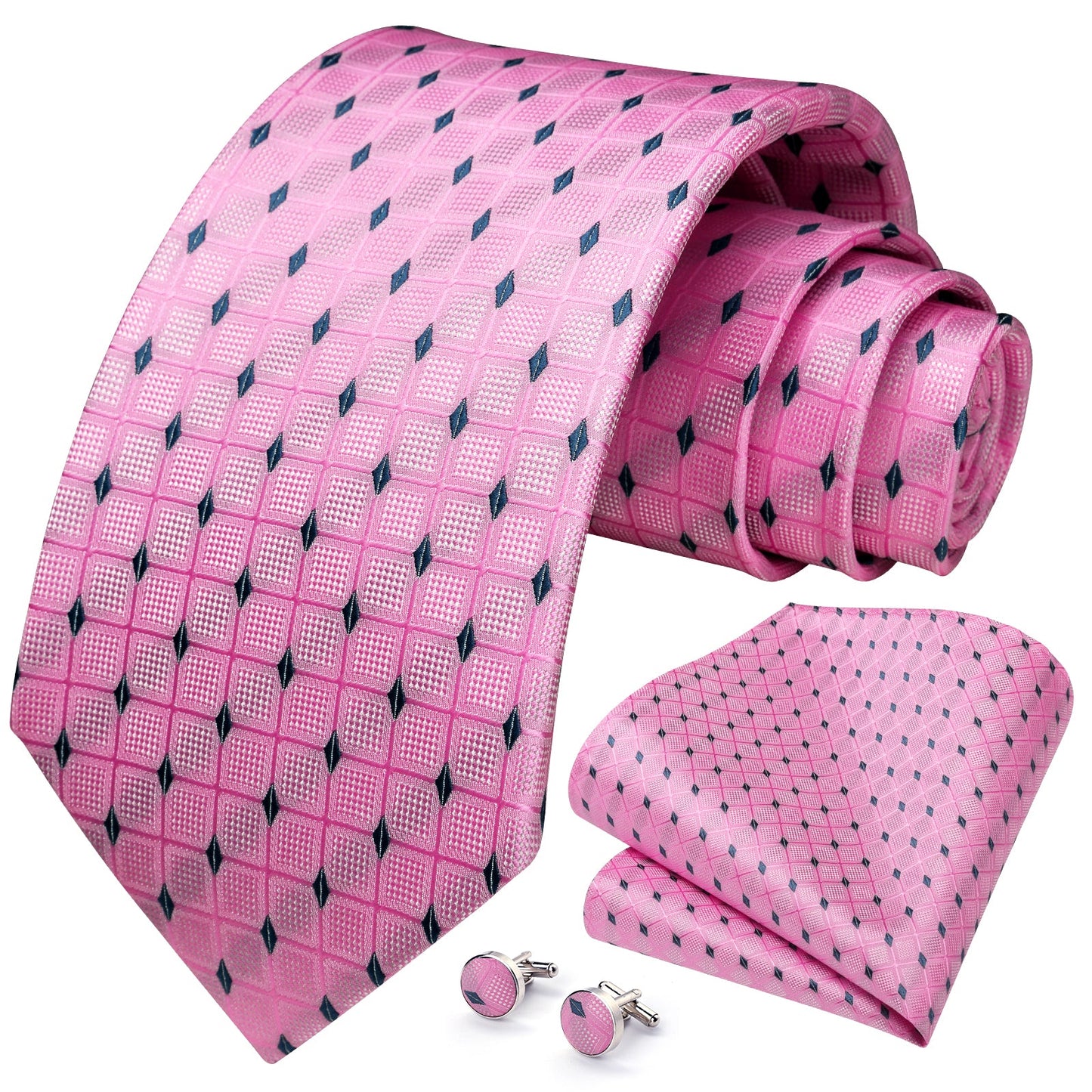 Hisdern Pink Plaid Wedding Accessories Set with Cufflinks