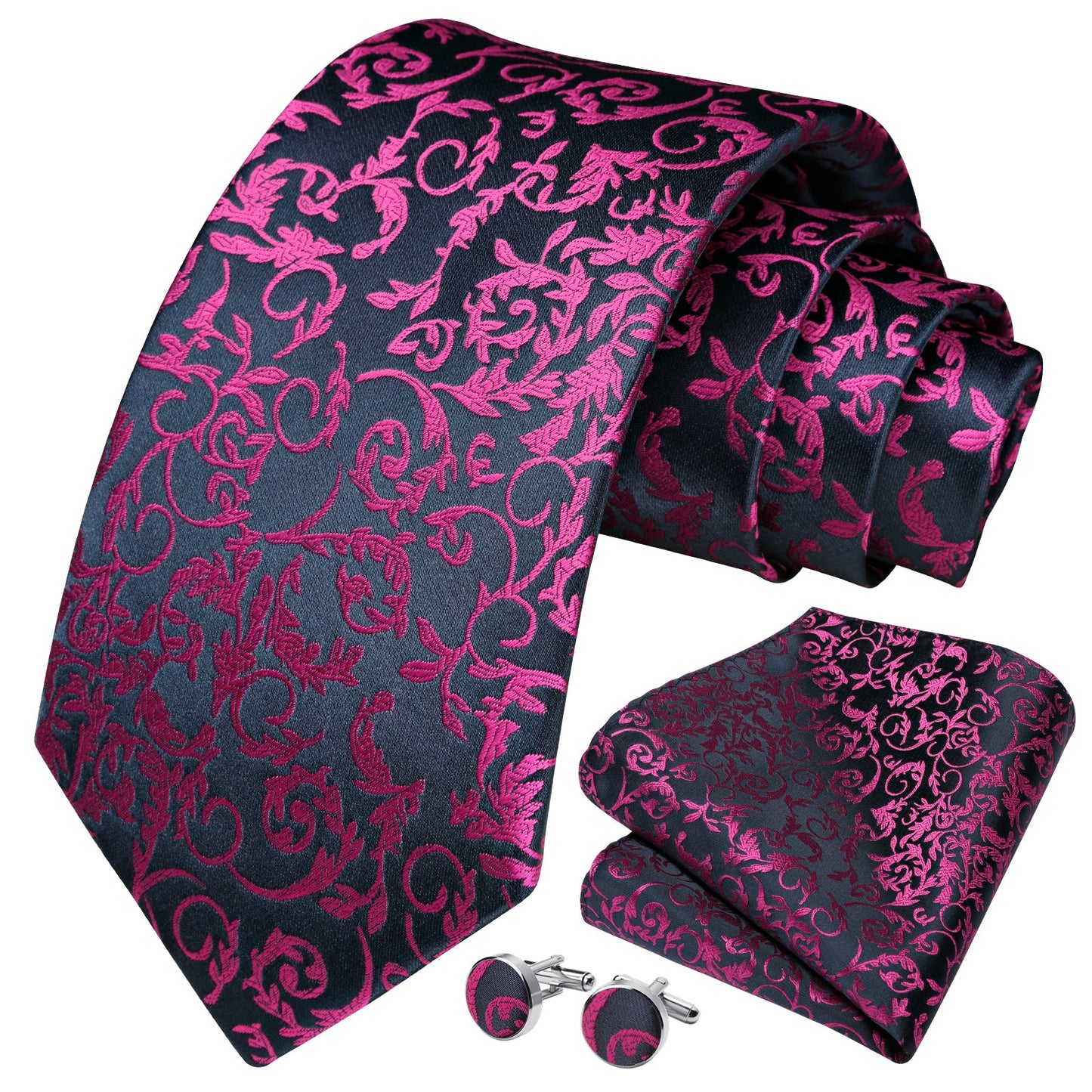 Hisdern Hot Pink Floral Wedding Tie Set with Cufflinks