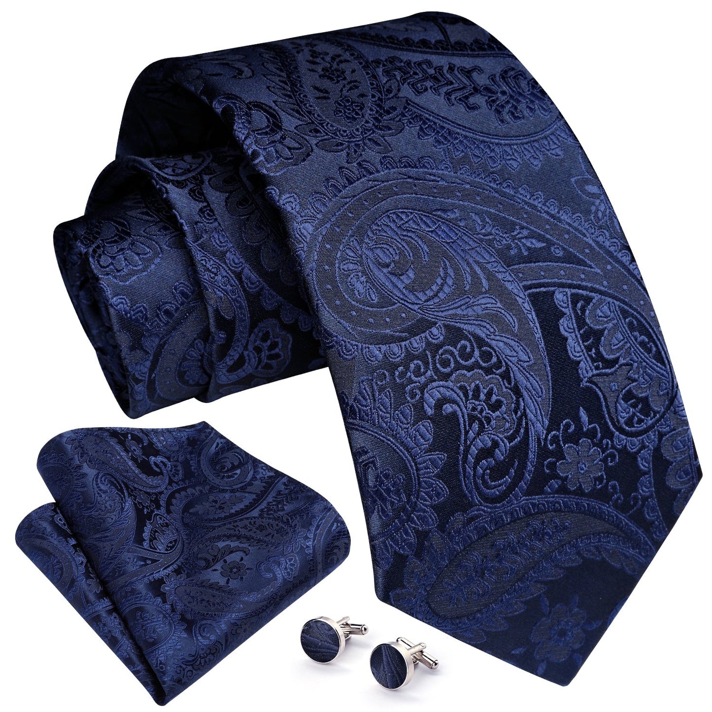 Hisdern Navy Blue Paisley Wedding Accessories Set with Cufflinks