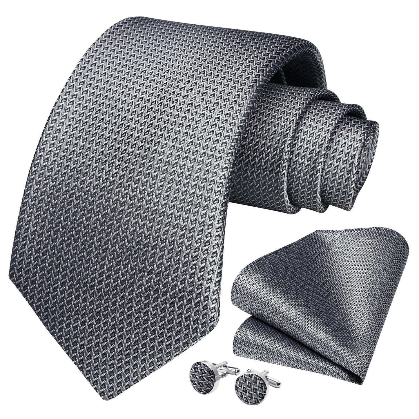 Hisdern Black Silver Houndstooth Business Tie Set with Cufflinks