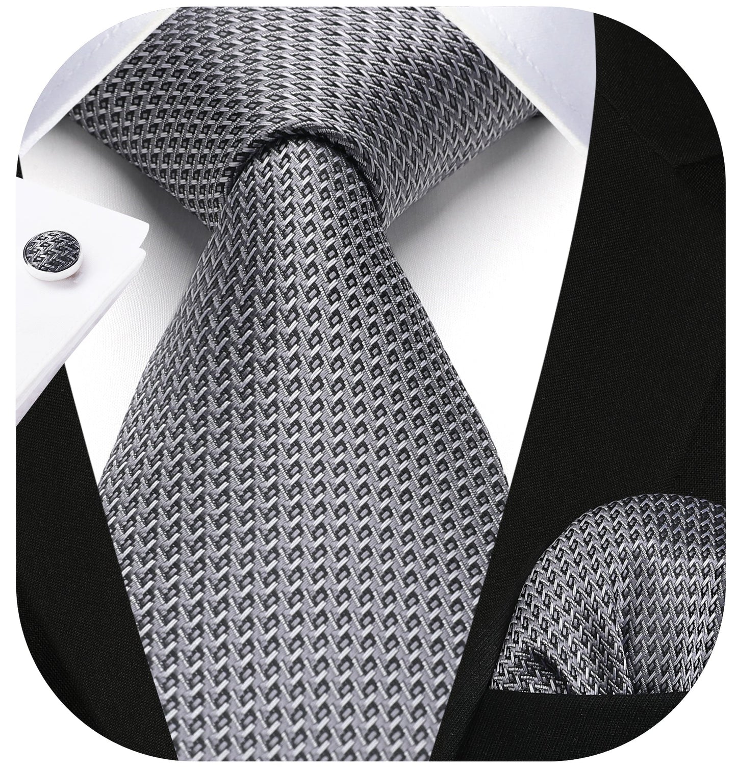 Hisdern Black Silver Houndstooth Business Tie Set with Cufflinks