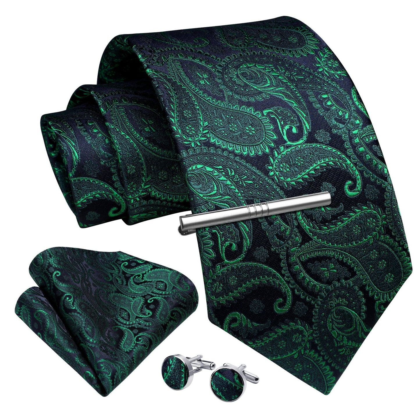 Hisdern Green Paisley Wedding Accessories Set with Cufflinks Clip