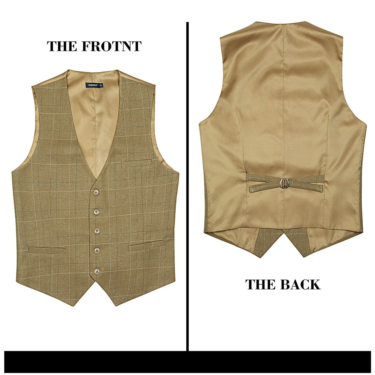 Hisdern Men's Khaki Plaid Wedding Vest For Skinny Guys