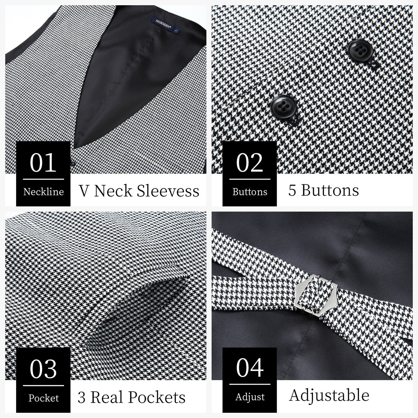Hisdern Men's Grey Houndstooth Wedding Vest For Skinny Guys