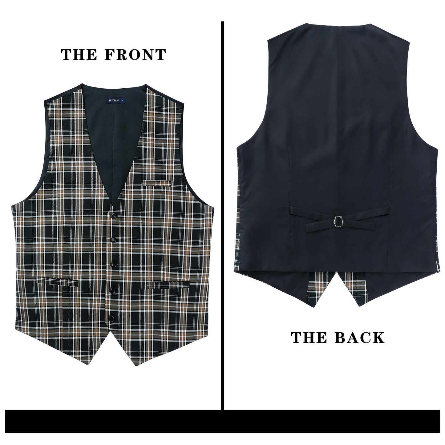 Hisdern Men's Brown Black Plaid Wedding Vest For Skinny Guys