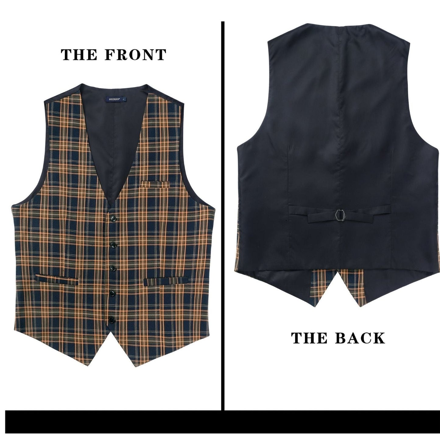 Hisdern Men's Brown Blue Plaid Slim Suit Vest Formal Wear