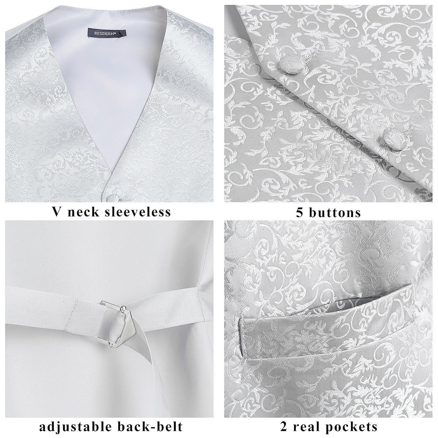 Hisdern Men's Grey Silver Paisley Vest Tie Set For Weddings