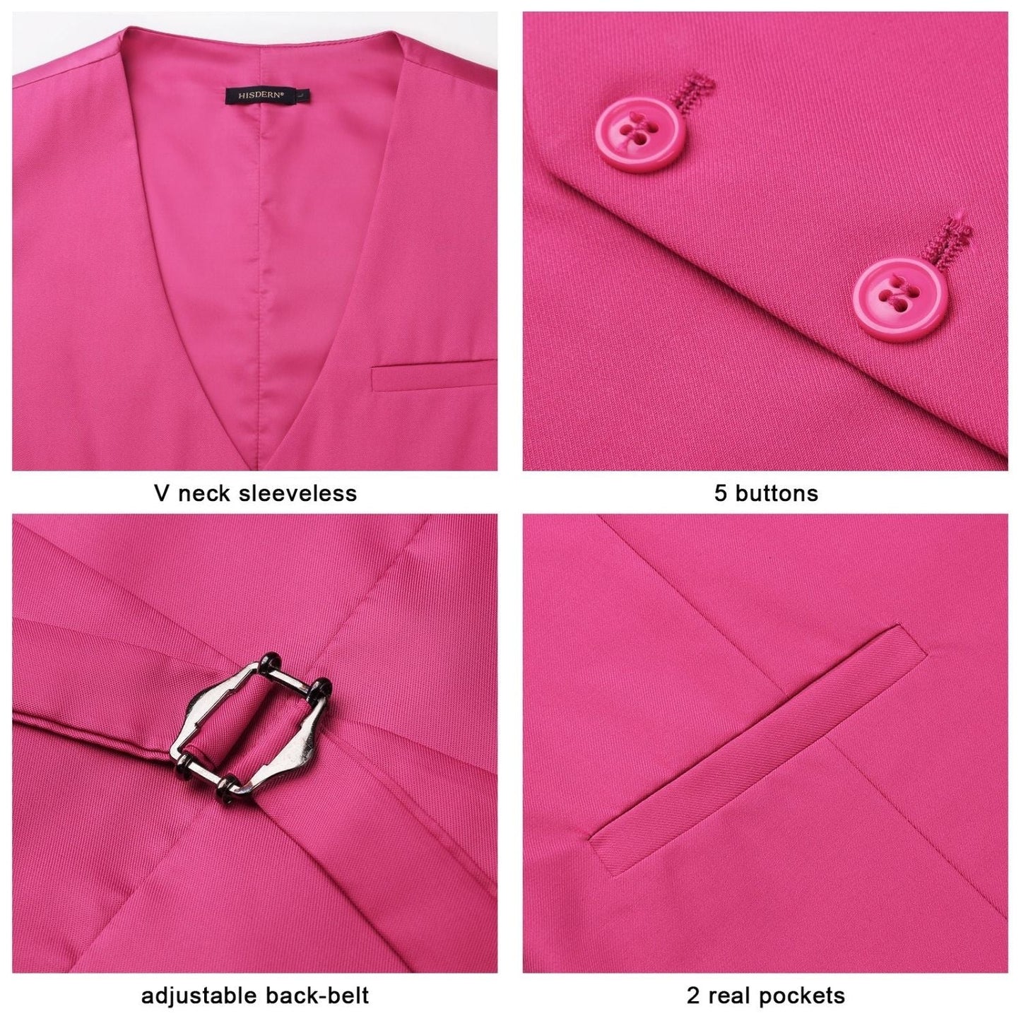 Hisdern Men's Hot Pink Satin Suit Vest Formal Wear
