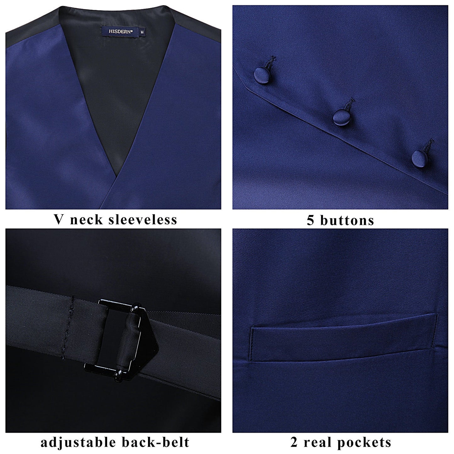 Hisdern Men's Dark Blue Solid Vest Tie Set For Formal Wear