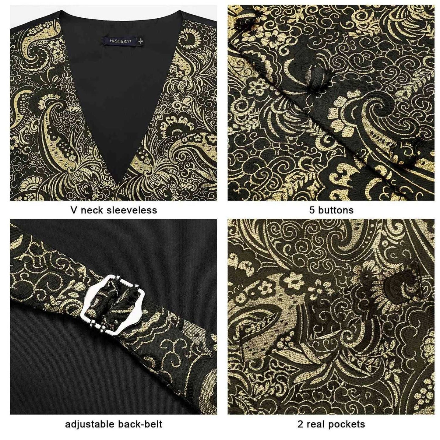 Hisdern Men's Gold Black Paisley Vest Tie Set For Weddings