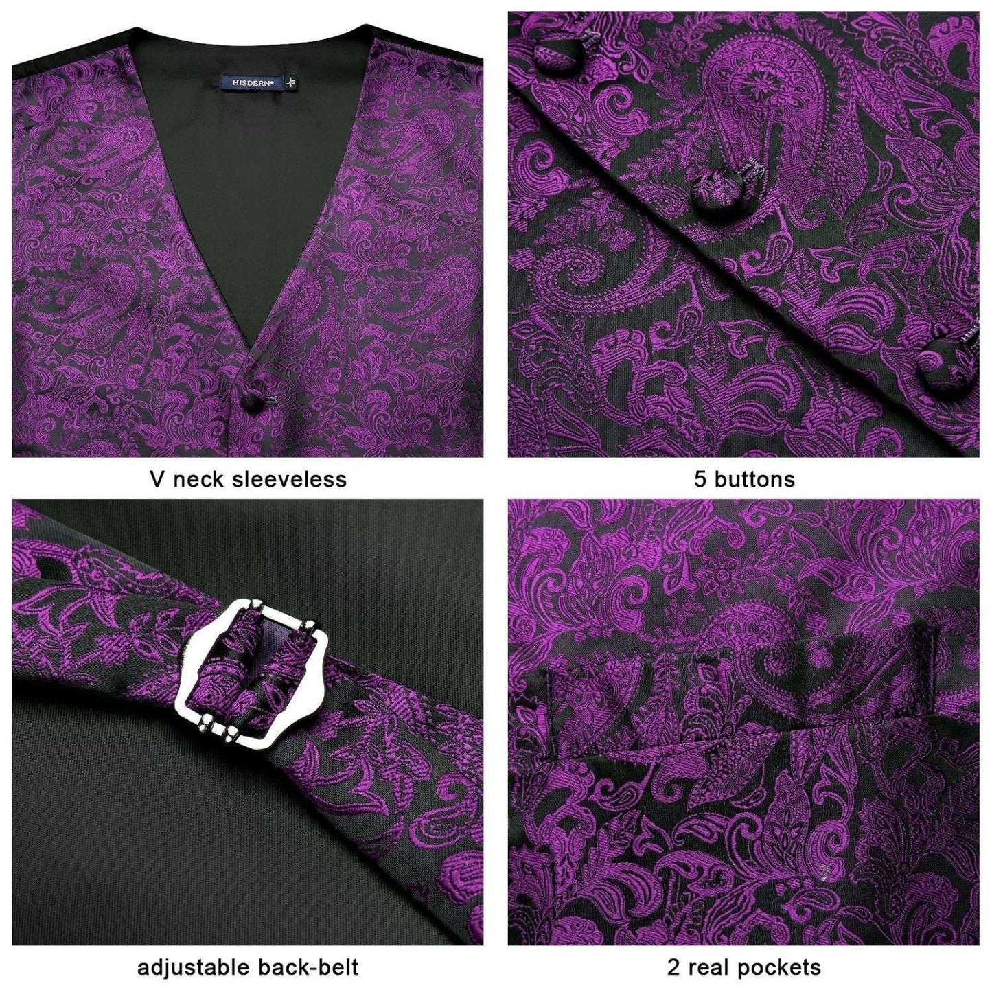 Hisdern Men's Purple Paisley Vest Tie Set For Weddings
