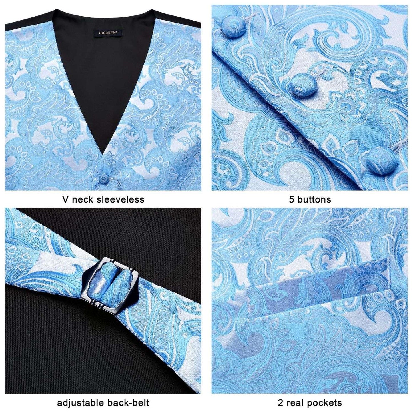 Hisdern Men's Light Blue Paisley Vest Tie Set For Weddings