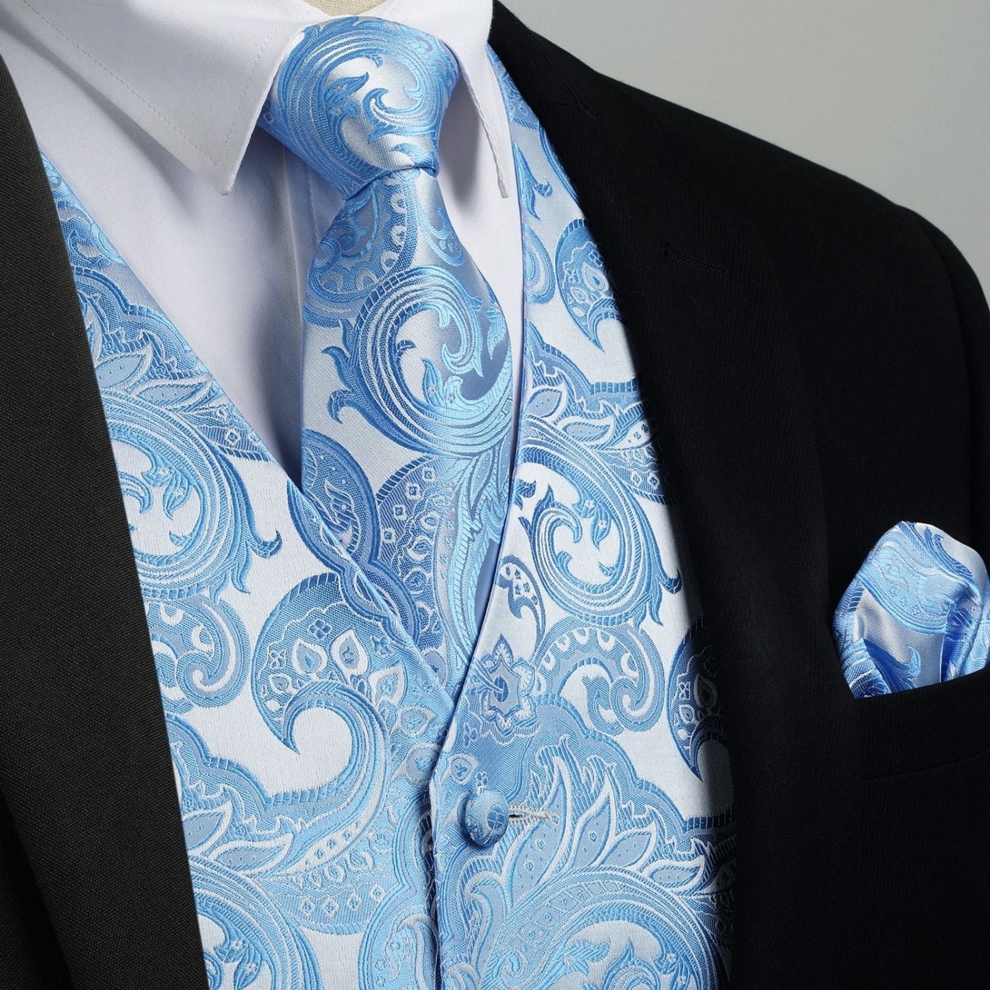 Hisdern Men's Blue Paisley Vest Tie Set For Weddings