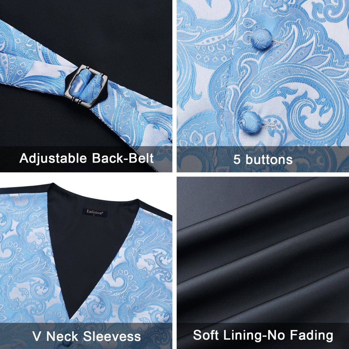 Hisdern Men's Blue Paisley Vest Tie Set For Weddings
