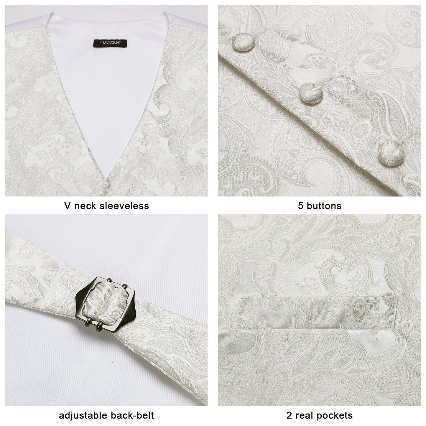 Hisdern Men's White Beige Vest Tie Set For Weddings