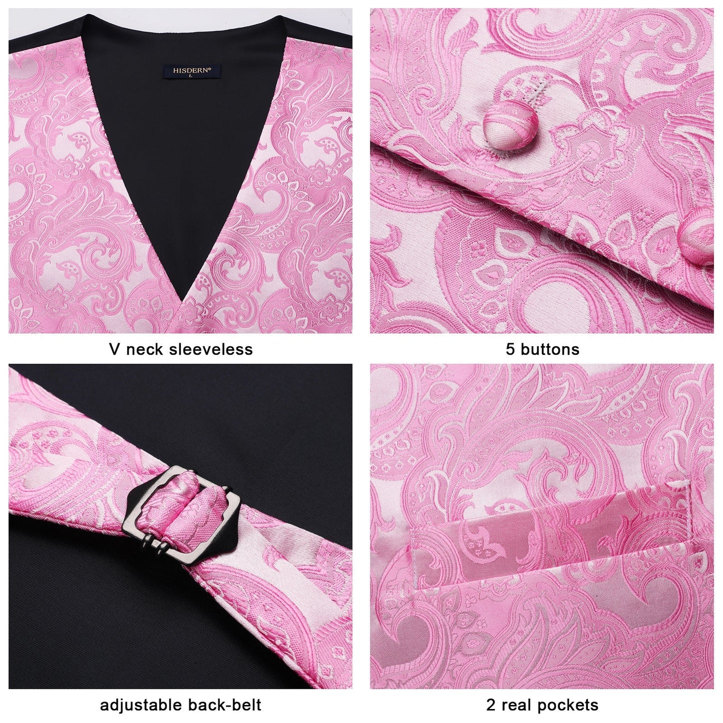 Hisdern Men's Pink Paisley Vest Tie Set For Weddings Anniversary