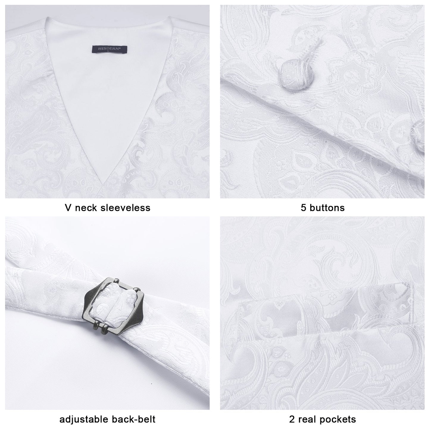 Hisdern Men's White Paisley Vest Tie Set For Weddings Anniversary