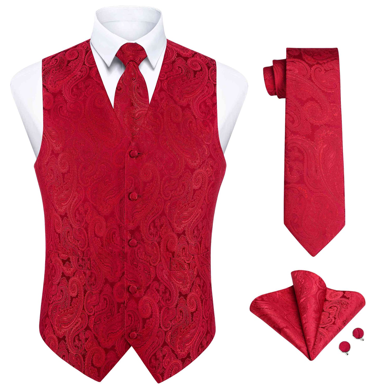 Hisdern Men's Red Paisley Vest Tie Set For Weddings