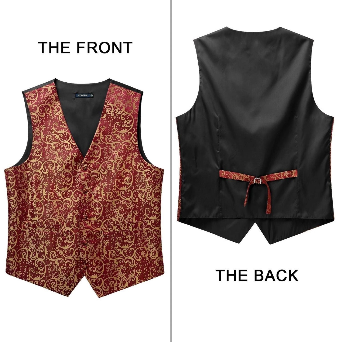 Hisdern Burgundy Paisley Floral Silk-Lined 3pc Suit Vest Set for Weddings