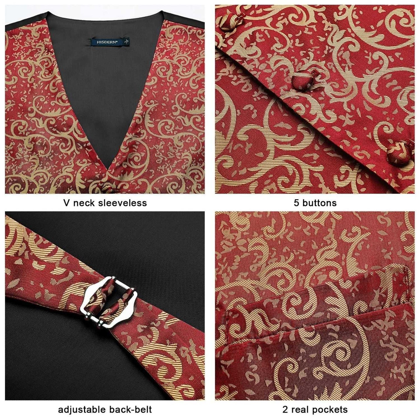 Hisdern Men's Burgundy Floral Vest Tie Set For Weddings