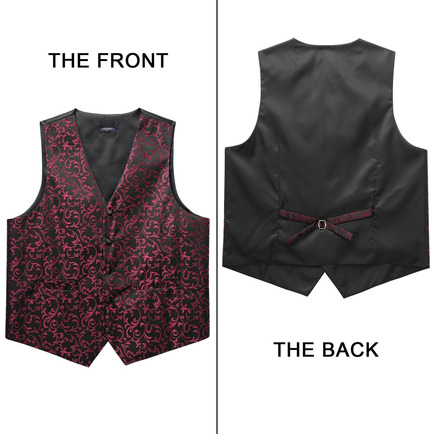 Hisdern Men's Burgundy Black Floral Vest Tie Set For Weddings