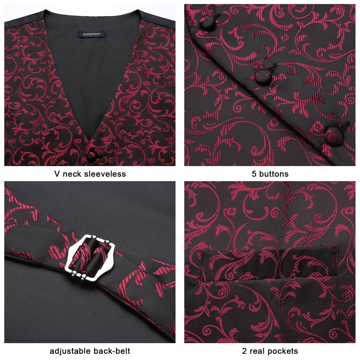 Hisdern Men's Burgundy Black Floral Vest Tie Set For Weddings