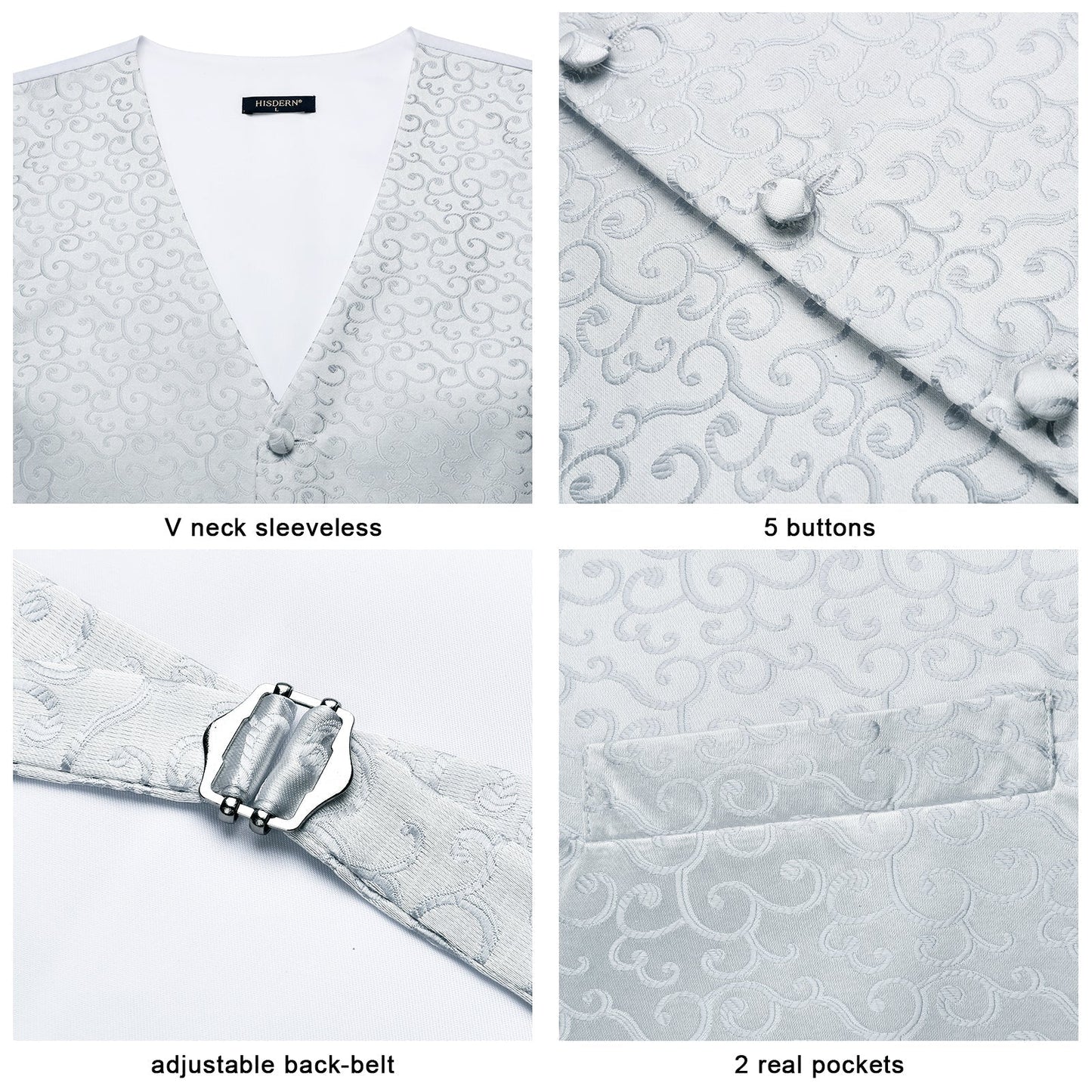 Hisdern Men's White Floral Vest Tie Set For Weddings