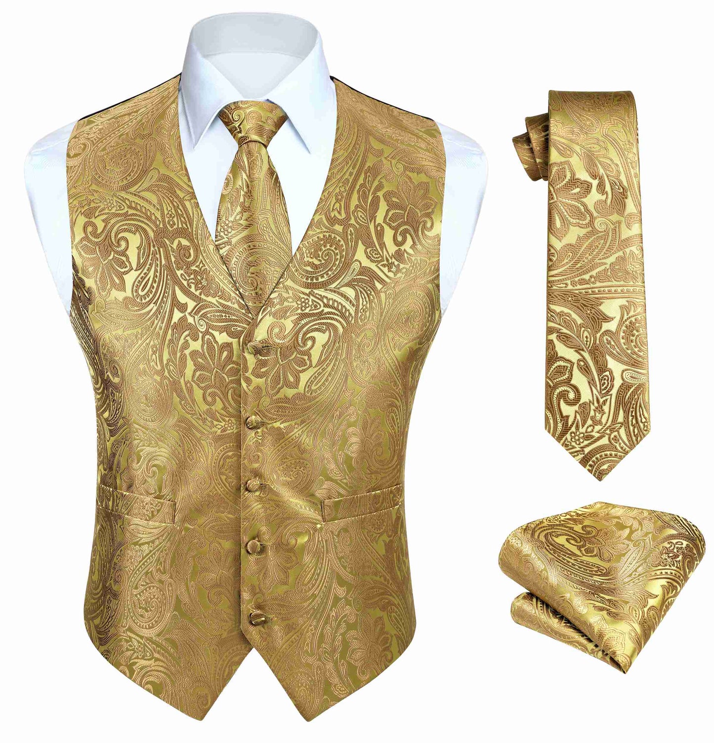 Hisdern Men's Gold Paisley Vest Tie Set For Weddings