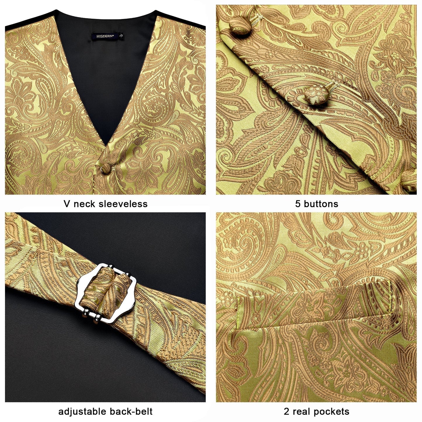 Hisdern Men's Gold Paisley Vest Tie Set For Weddings